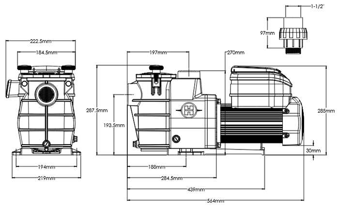 Dimensions de la pompe de filtration à vitesse variable Max Flo VS 1 CV