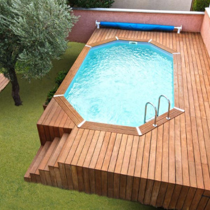 Piscine bois octogonale allongée Ubbink Caraïbes 4,85 x 3,55 x h1,20 m