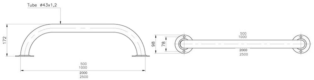 Dimensions de la main courante inox